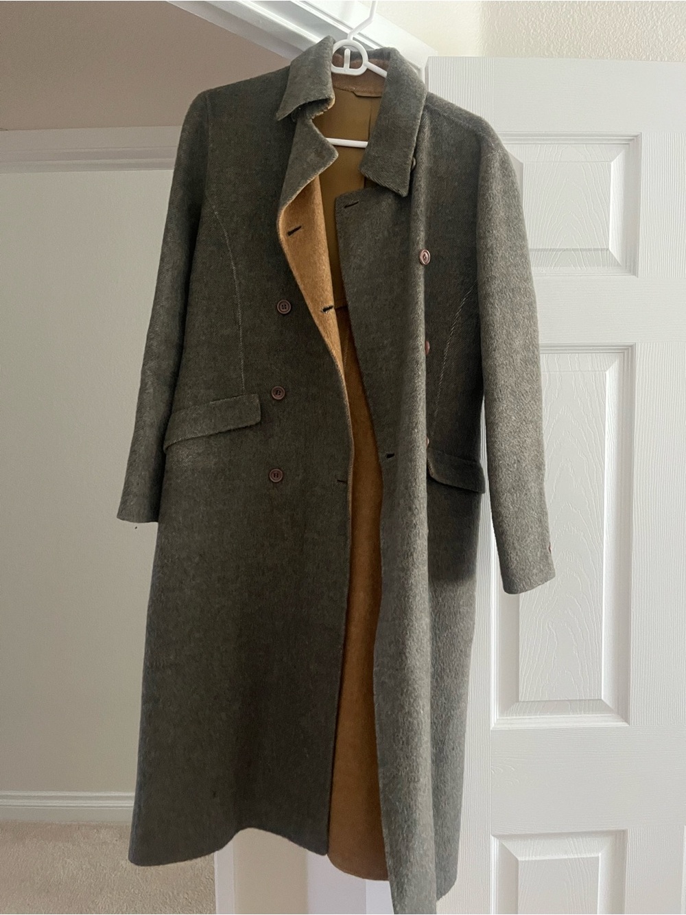 Grey green two tone wool coat with camel interior wool lining